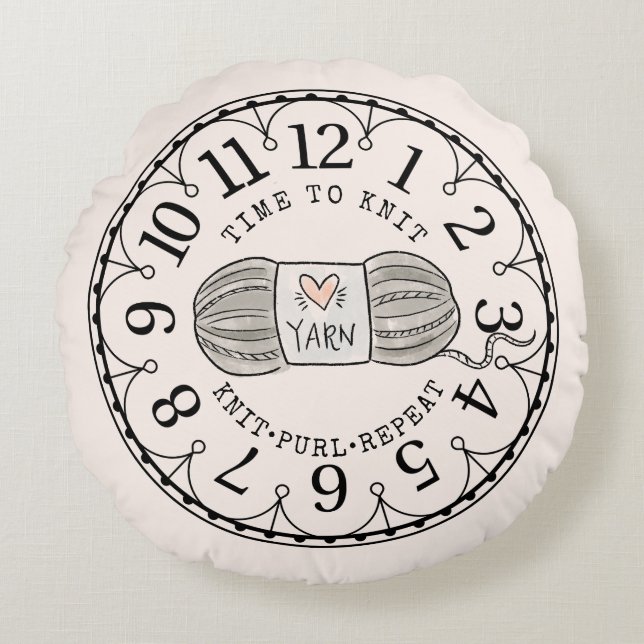 Almofada Redonda Tempo para Knit Yarn Clock Face (Frente)