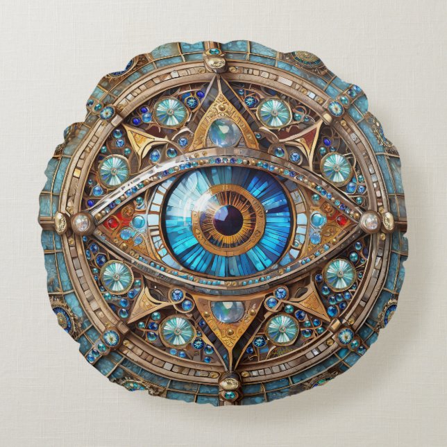 Almofada Redonda Terceiro Olho - Mandala Dourada Azul Turquesa (Frente)