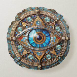 Almofada Redonda Terceiro Olho - Turquesa Blue Dourado Mandala