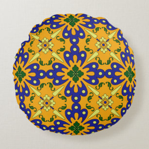 Almofada Redonda Teste padrão azul e amarelo alaranjado do azulejo