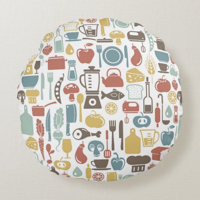Almofada Redonda Teste padrão com ícones do cozinhar (Frente)