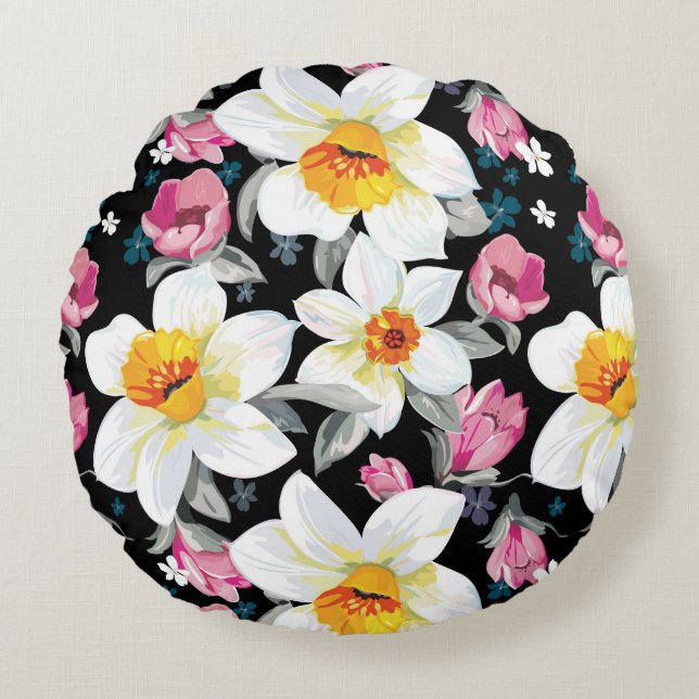 Almofada Redonda Teste padrão da elegância com flores do narciso (Frente)