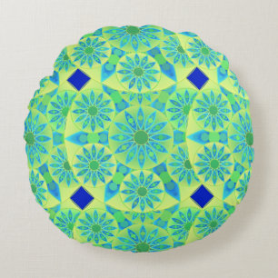 Almofada Redonda Teste padrão da mandala, turquesa, azul, verde