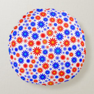 Almofada Redonda Teste padrão de flor - azuis com vermelho, amarel