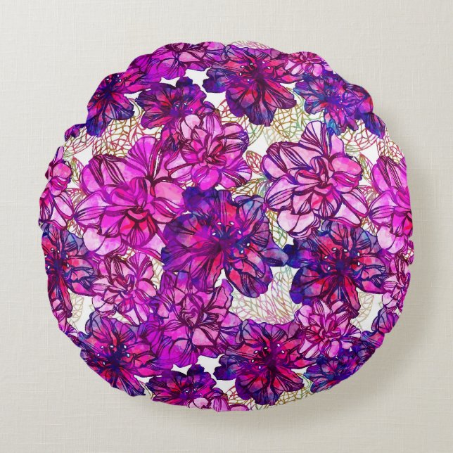 Almofada Redonda Teste padrão de flores abstrato do rosa e do roxo (Frente)