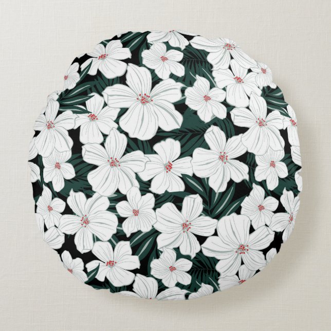 Almofada Redonda Teste padrão de flores tropical branco (Frente)