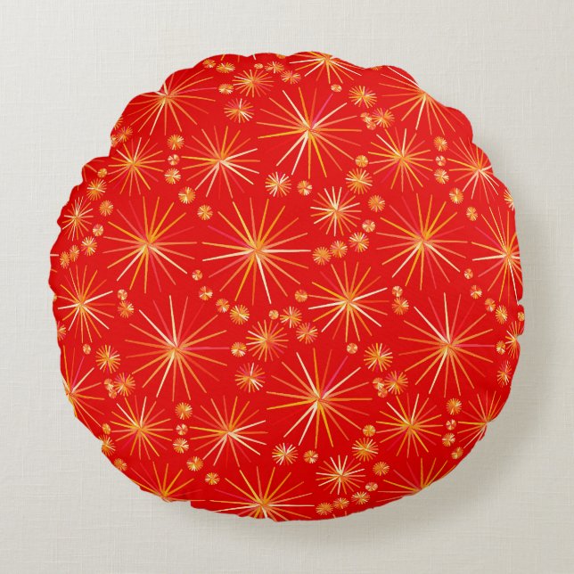 Almofada Redonda Teste padrão de Sputnik do meio século, vermelho (Frente)
