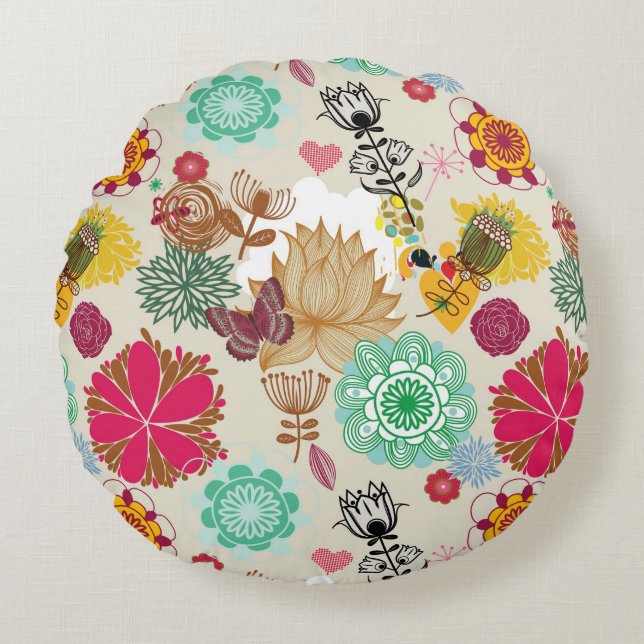 Almofada Redonda Teste padrão floral no estilo retro (Frente)