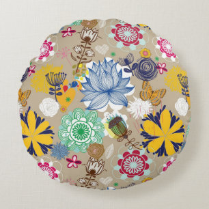 Almofada Redonda Teste padrão floral no estilo retro 3