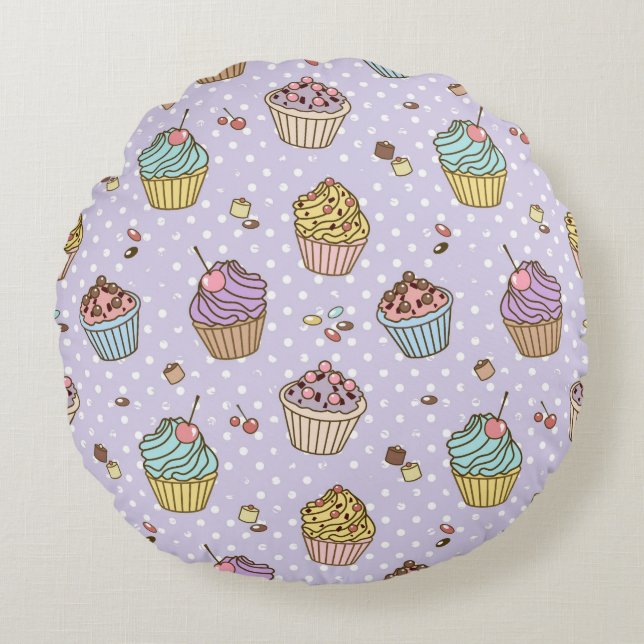 Almofada Redonda Teste padrão retro dos doces (Frente)