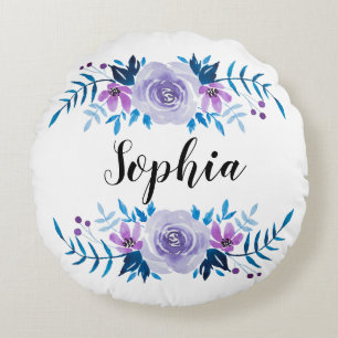 Almofada Redonda Texto Personalizado de Texto Floral Púrpura Azul-C