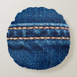 Almofada Redonda Textura azul denim com linha de costura fechada, J