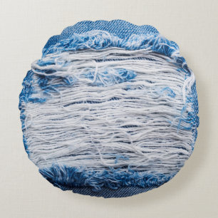 Almofada Redonda Textura de jeans de denim rasgada azul com espaço