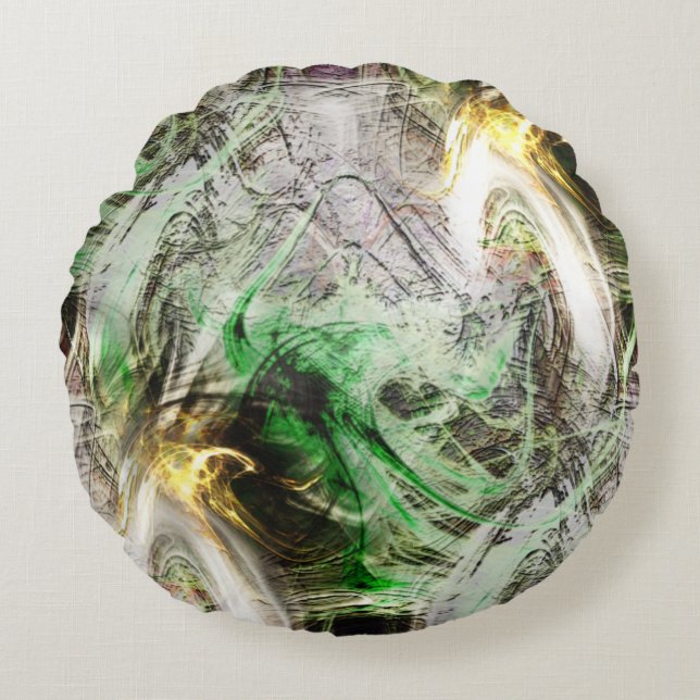 Almofada Redonda Textura russa sob tinta verde e amarela flutuante (Frente)