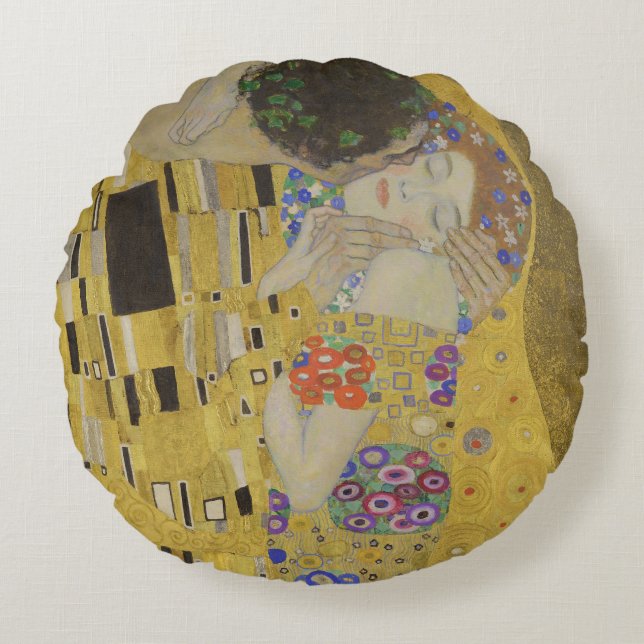 Almofada Redonda The Kiss, Art Nouveau Oil Painting, Gustav Klimt (Frente)