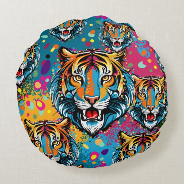 Almofada Redonda Tiger Head Rainbow colors paint stains (Verso)