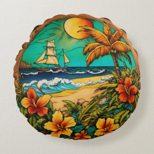 Almofada Redonda Tinta tropical do eterno - Arte de tatuagem de pra