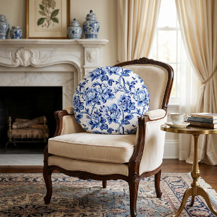 Almofada Redonda Toile de Jouy de Magnolias Azul e Branca