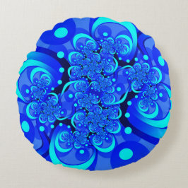 Almofada Redonda Tons de Azul Arte Fractal Abstrata Moderna