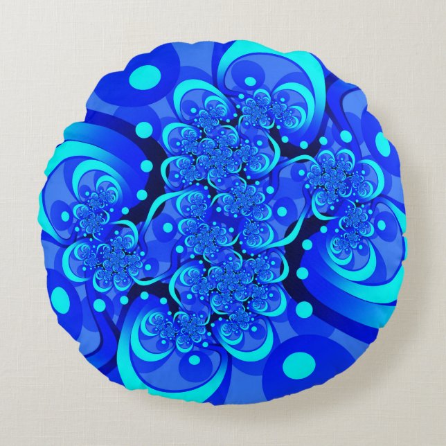 Almofada Redonda Tons de Azul Arte Fractal Abstrata Moderna (Frente)