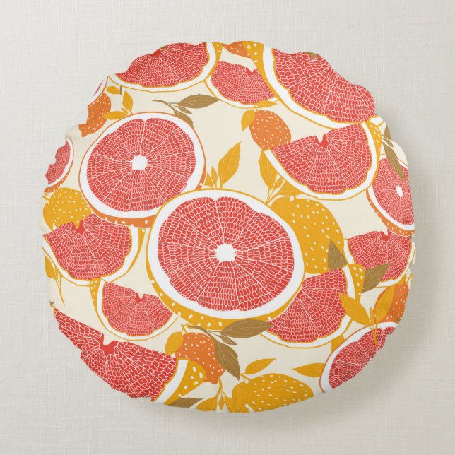 Almofada Redonda Toranja e fatias com folhas em branco. (Frente)
