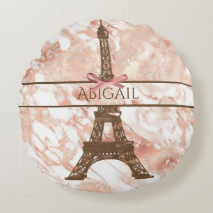 Almofada Redonda Torre Eiffel Personalizada Branco, Rosa Dourado Ma