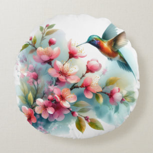 Almofada Redonda Trabalho de arte de pássaro-primavera