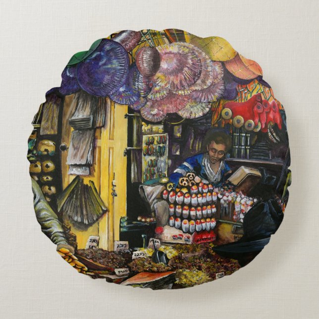 Almofada Redonda Tradições do Comércio Antigo, Jerusalém (Frente)