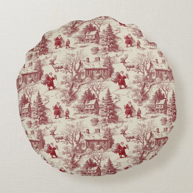 Almofada Redonda Traditional Santa Claus Red on Cream Toile De Jouy (Verso)