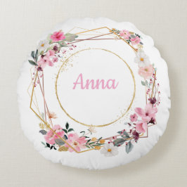 Almofada Redonda Travesseira Decorativa Geométrica Dourada com Flor