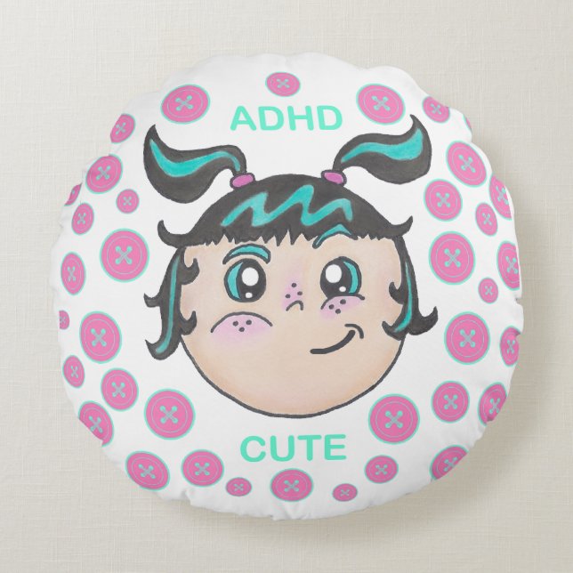 Almofada Redonda Travesseiro ADHD com ilustração "ADHD Cute" (Frente)
