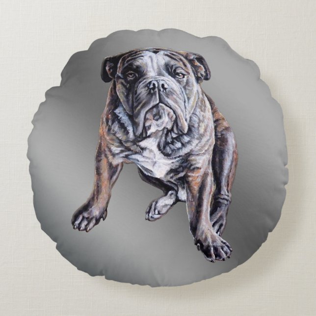 Almofada Redonda Travesseiro Bulldog Brindle Presentes de Cachorro  (Frente)