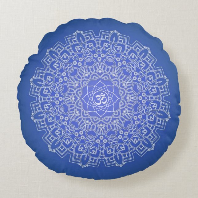Almofada Redonda Travesseiro Da Medalha Cobalt Blue Om Mandala (Frente)