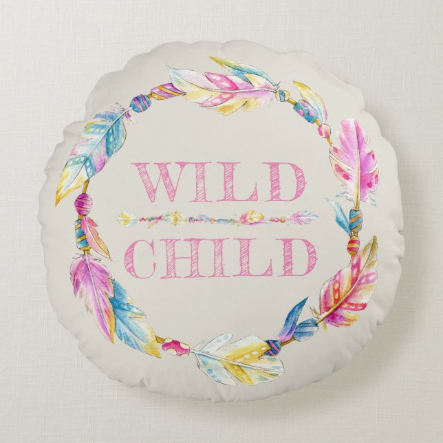 Almofada Redonda Travesseiro de arte de penas de criança selvagem (Frente)