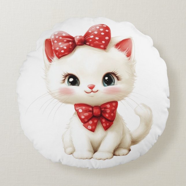 Almofada Redonda Travesseiro de Gatinho Branco Fofinho com Laços de (Frente)