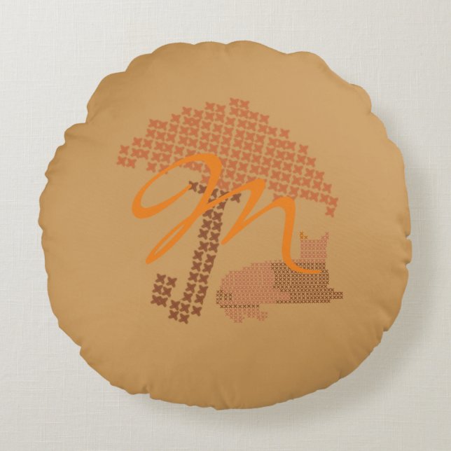 Almofada Redonda Travesseiro De Gato Vermelho Monograma Engraçado E (Frente)