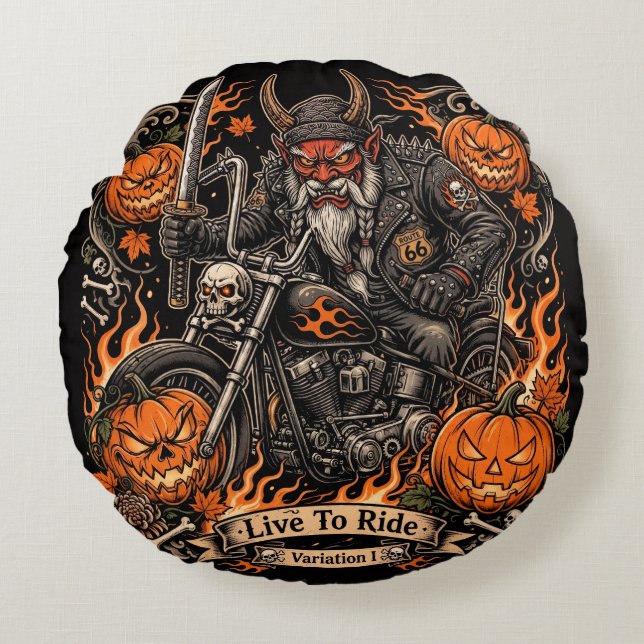 Almofada Redonda Travesseiro de Halloween de Oni Samurai Motociclis (Frente)
