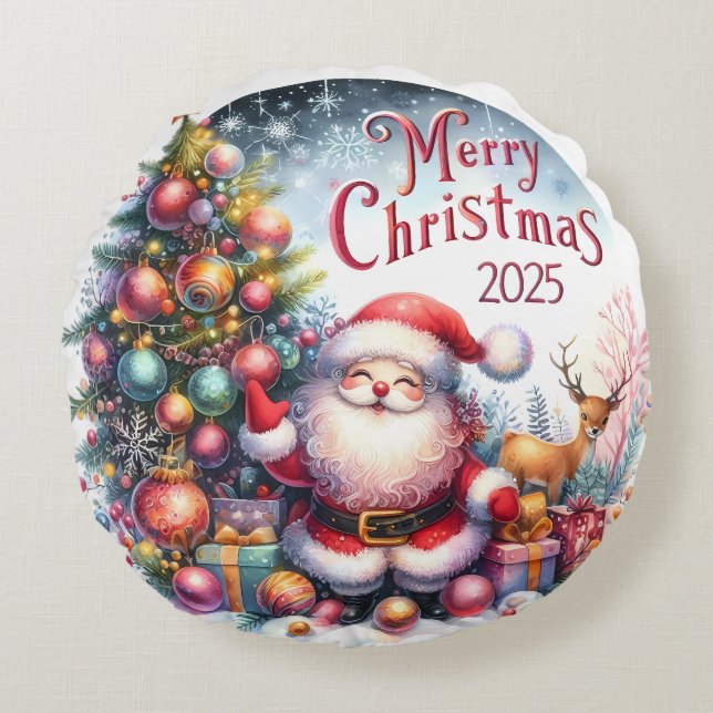 Almofada Redonda Travesseiro de Natal Colorida Snowman & Ornaments (Frente)