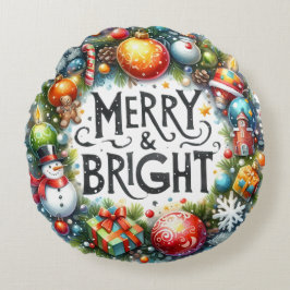 Almofada Redonda Travesseiro de Natal Colorida Snowman & Ornaments