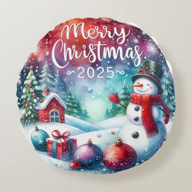 Almofada Redonda Travesseiro de Natal Colorida Snowman & Ornaments (Frente)