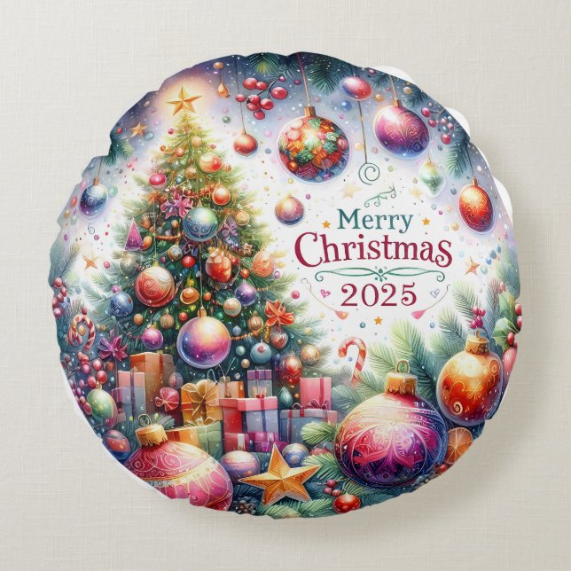 Almofada Redonda Travesseiro de Natal Colorida Snowman & Ornaments (Frente)