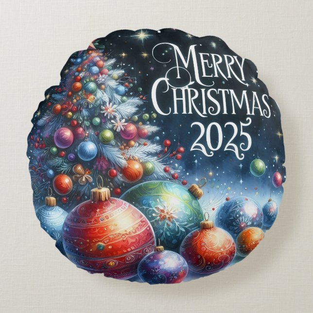 Almofada Redonda Travesseiro de Natal Colorida Snowman & Ornaments (Frente)