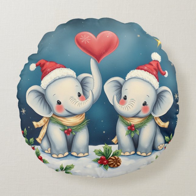 Almofada Redonda Travesseiro de Natal Personalizado Duo Love Elepha (Frente)