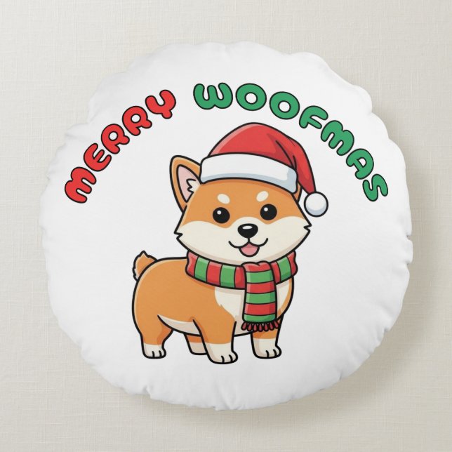 Almofada Redonda Travesseiro de Natal Shiba Inu Round: Feliz Woofma (Frente)