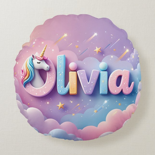 Almofada Redonda Travesseiro de Nome Unicórn de Pastel Personalizad (Frente)