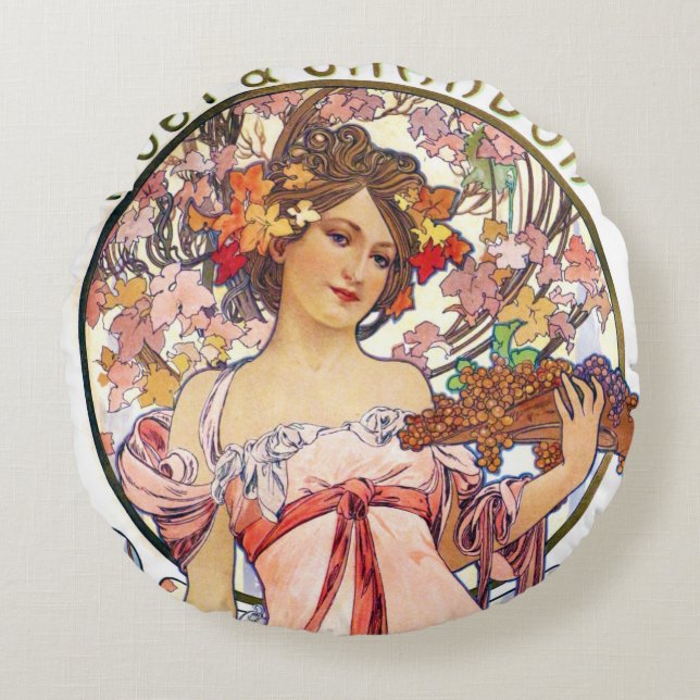 Almofada Redonda Travesseiro decorativo Alphonse Mucha (Frente)