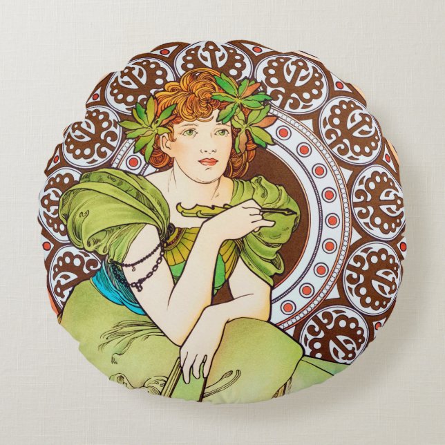 Almofada Redonda Travesseiro decorativo Alphonse Mucha (Frente)