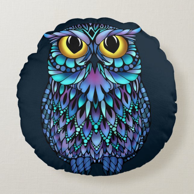 Almofada Redonda Travesseiro decorativo de Mandala Owl (Frente)