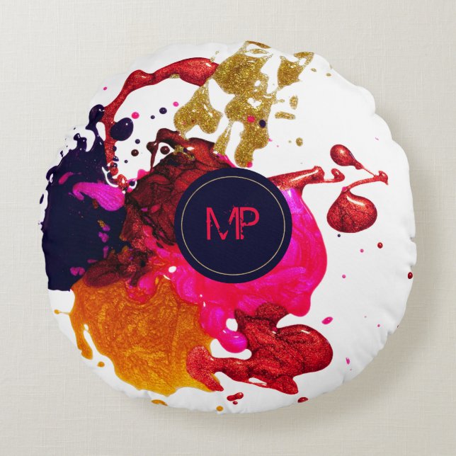 Almofada Redonda Travesseiro decorativo de Monograma Dourado Púrpur (Frente)