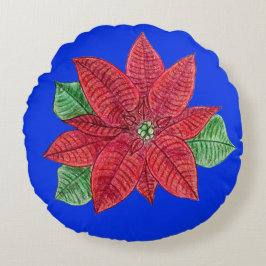 Almofada Redonda Travesseiro decorativo de Poinsettia - Fundo Azul